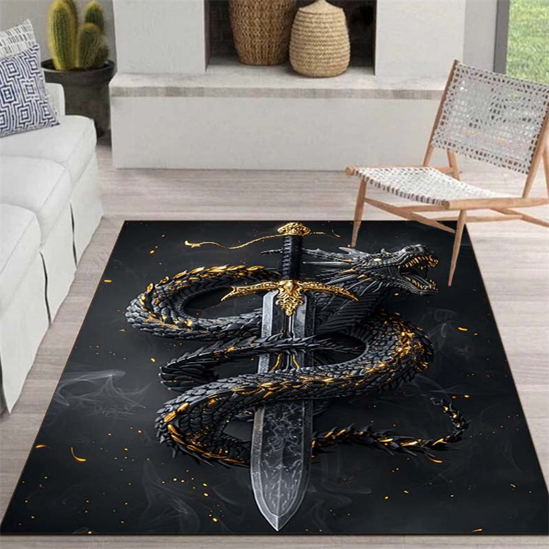 Dragon & Sword Design Area Rug - Large, Non-Slip Polyester Carpet for Living Room, Bedroom, and Office Decor