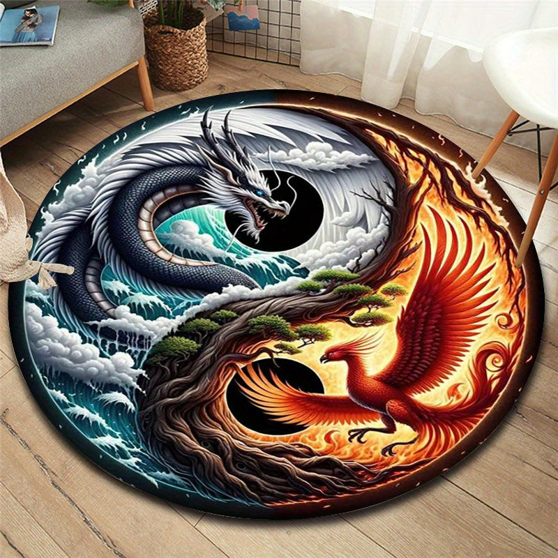 Dragon Pattern Round Area Rug - Indoor Non-Slip Carpet for Bedroom, Living Room, Office, and Home Decor