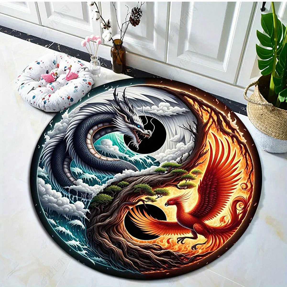 Dragon Pattern Round Area Rug - Indoor Non-Slip Carpet for Bedroom, Living Room, Office, and Home Decor