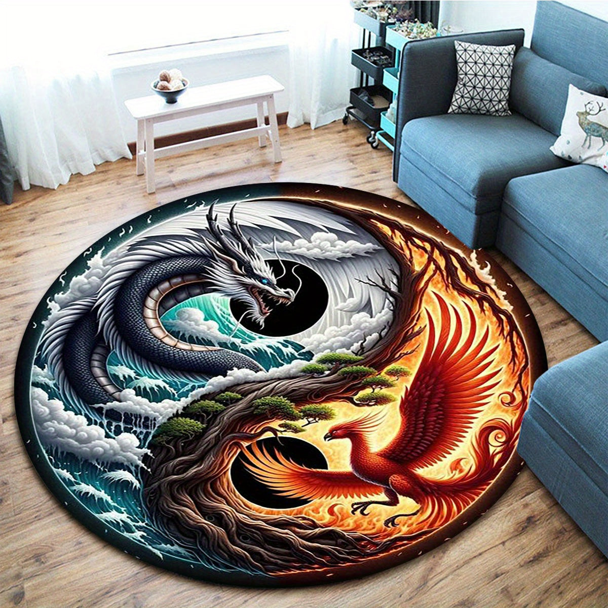 Dragon Pattern Round Area Rug - Indoor Non-Slip Carpet for Bedroom, Living Room, Office, and Home Decor