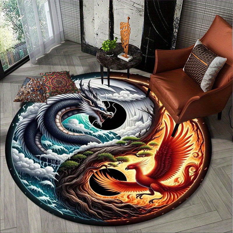 Dragon Pattern Round Area Rug - Indoor Non-Slip Carpet for Bedroom, Living Room, Office, and Home Decor