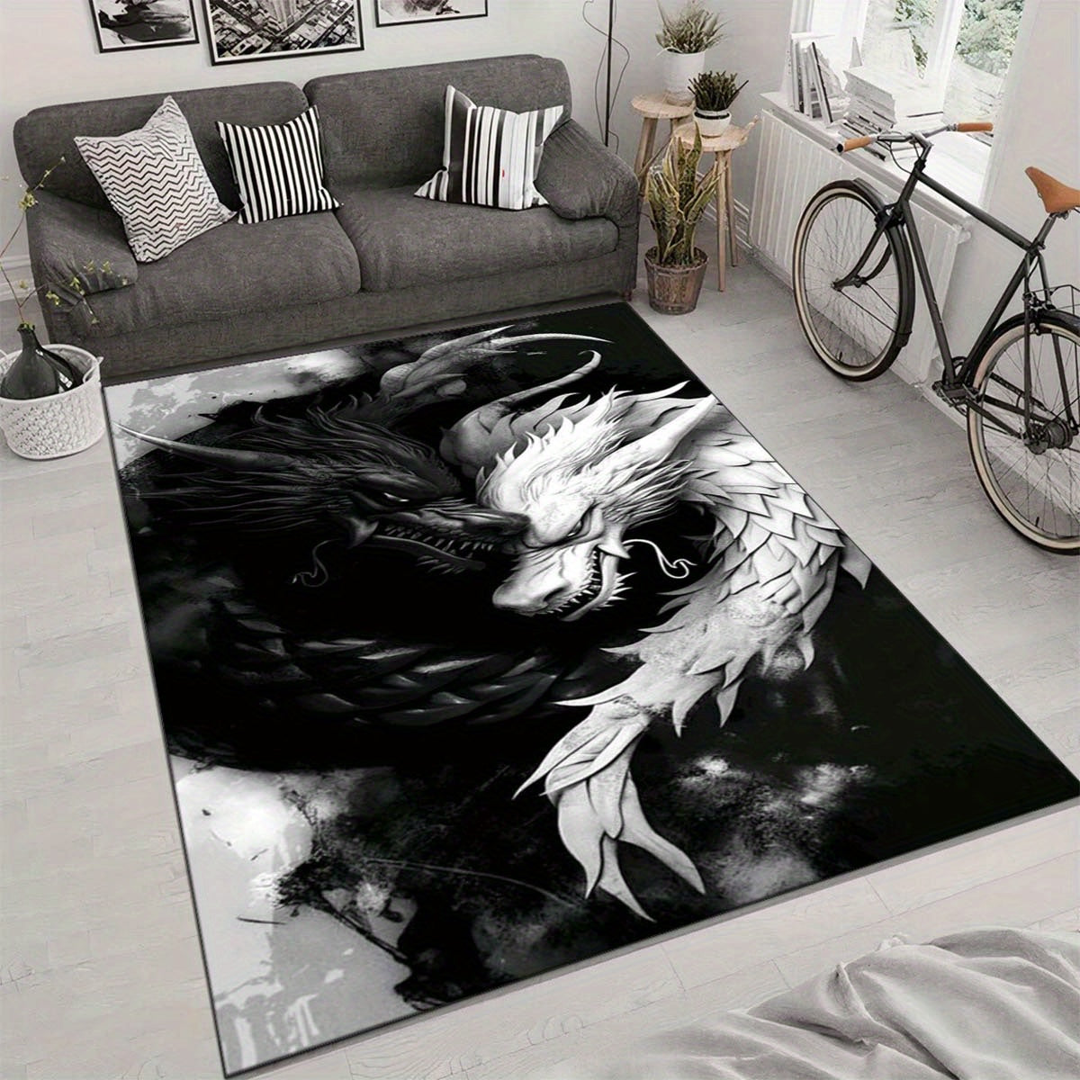 1pc Black and White Dragon Design Area Rug, 100% Polyester Non-Slip Soft Crystal Velvet Mat for Living Room Bedroom Home Decor, 800g/m2 Density