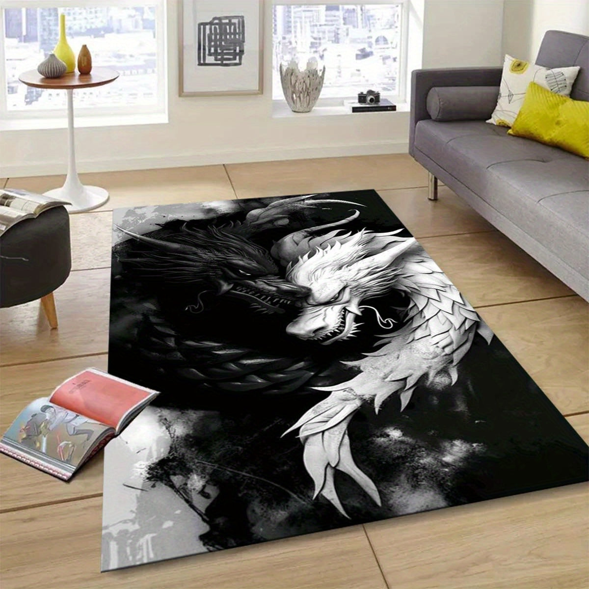 1pc Black and White Dragon Design Area Rug, 100% Polyester Non-Slip Soft Crystal Velvet Mat for Living Room Bedroom Home Decor, 800g/m2 Density