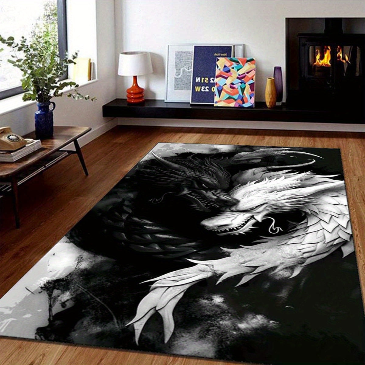 1pc Black and White Dragon Design Area Rug, 100% Polyester Non-Slip Soft Crystal Velvet Mat for Living Room Bedroom Home Decor, 800g/m2 Density