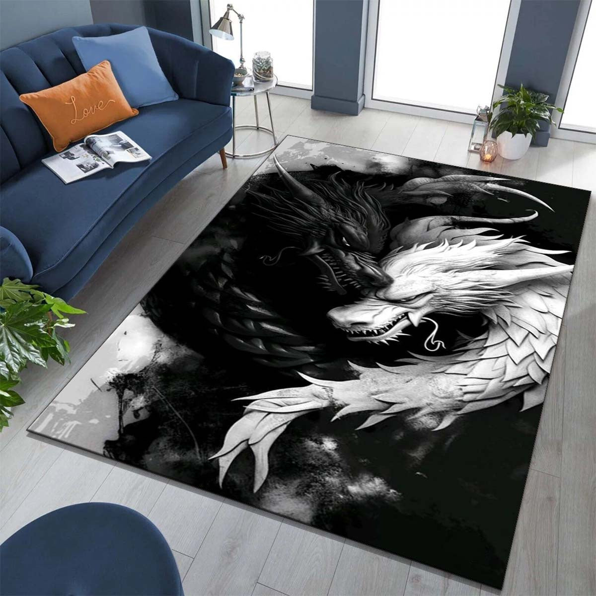 1pc Black and White Dragon Design Area Rug, 100% Polyester Non-Slip Soft Crystal Velvet Mat for Living Room Bedroom Home Decor, 800g/m2 Density