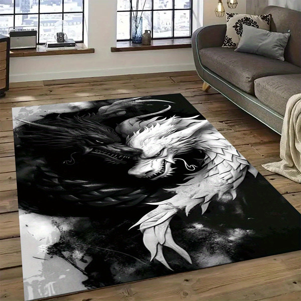 1pc Black and White Dragon Design Area Rug, 100% Polyester Non-Slip Soft Crystal Velvet Mat for Living Room Bedroom Home Decor, 800g/m2 Density