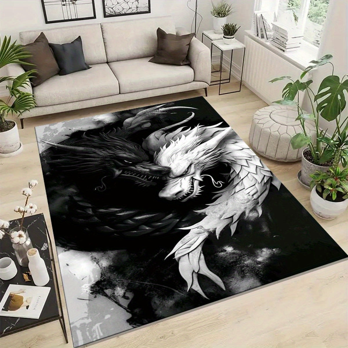 1pc Black and White Dragon Design Area Rug, 100% Polyester Non-Slip Soft Crystal Velvet Mat for Living Room Bedroom Home Decor, 800g/m2 Density