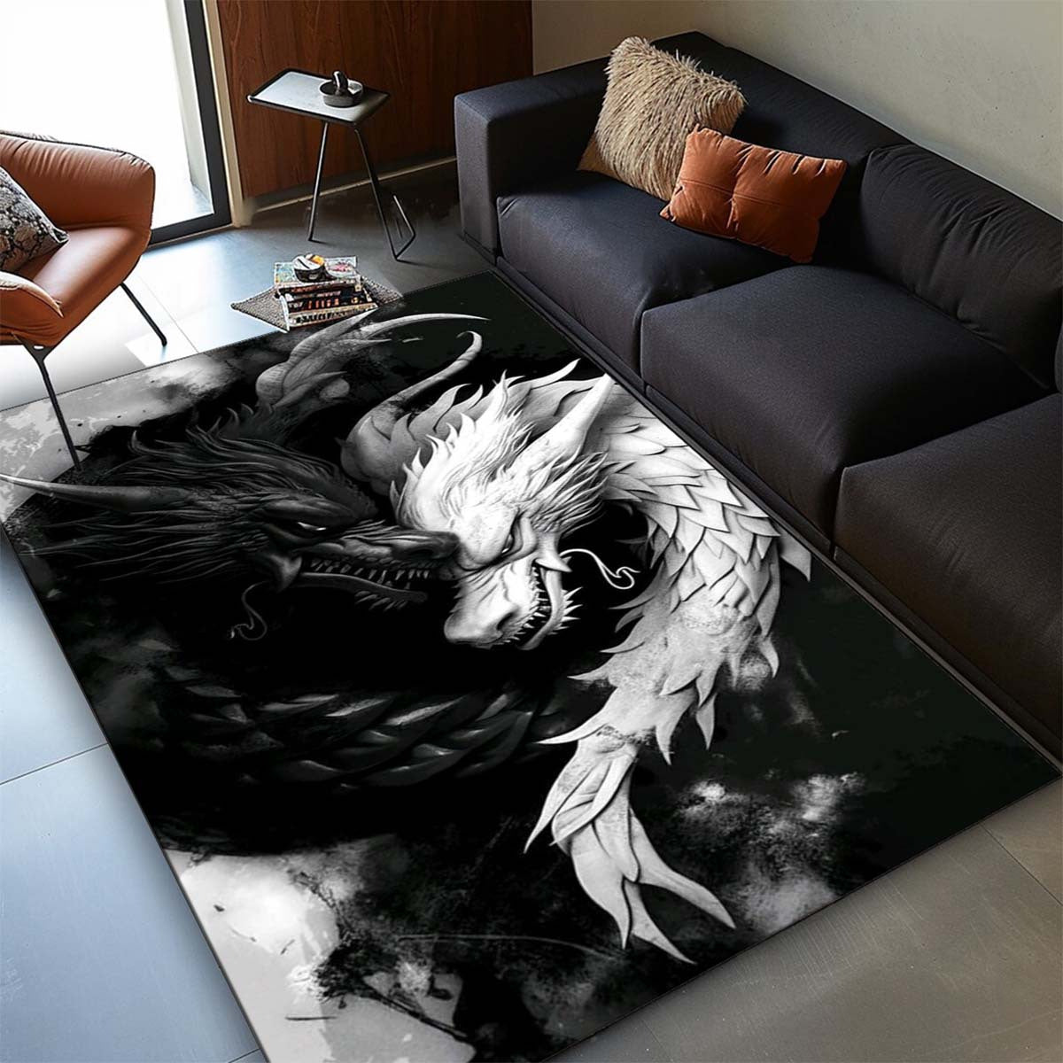 1pc Black and White Dragon Design Area Rug, 100% Polyester Non-Slip Soft Crystal Velvet Mat for Living Room Bedroom Home Decor, 800g/m2 Density