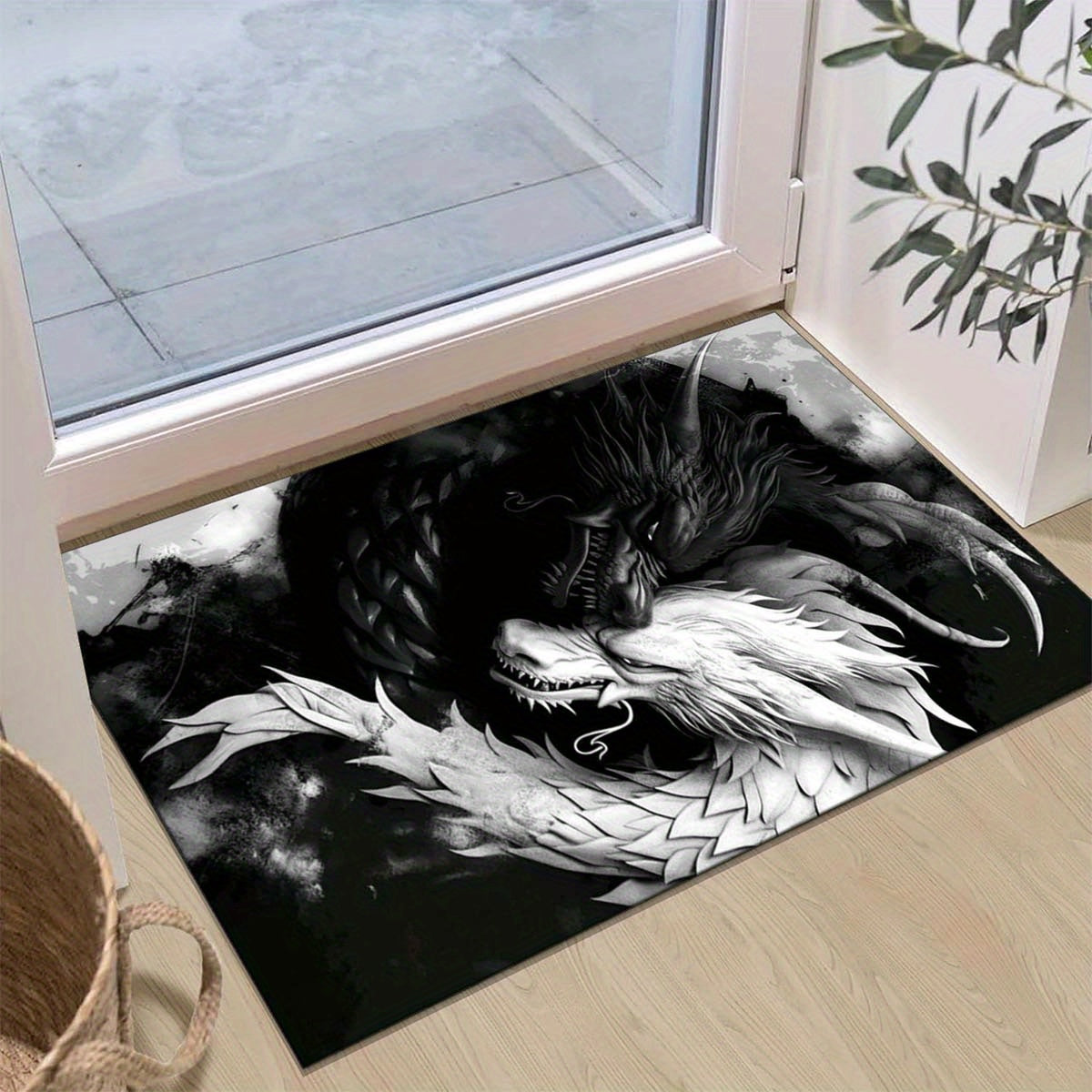 1pc Black and White Dragon Design Area Rug, 100% Polyester Non-Slip Soft Crystal Velvet Mat for Living Room Bedroom Home Decor, 800g/m2 Density