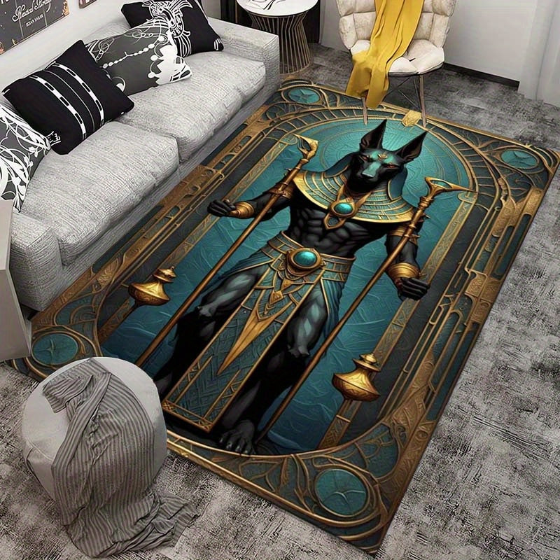 Anubis Egyptian God Design 3D Printed Area Rug - 800g/m2 Crystal Velvet Non-Slip Polyester Carpet for Living Room, Bedroom, Dining Room - Durable Aesthetic Floor Mat, Gift Idea for Men and Women