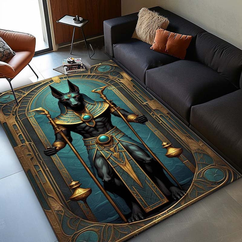 Anubis Egyptian God Design 3D Printed Area Rug - 800g/m2 Crystal Velvet Non-Slip Polyester Carpet for Living Room, Bedroom, Dining Room - Durable Aesthetic Floor Mat, Gift Idea for Men and Women