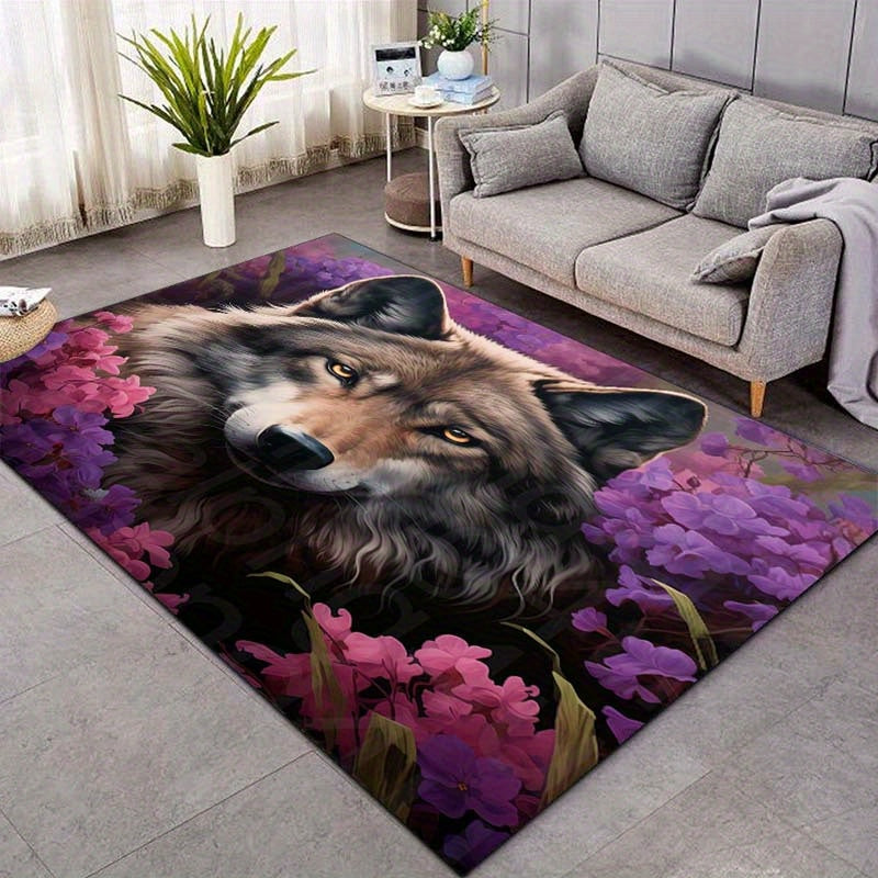 3D Wolf Floral Polyester Area Rug - Non-Slip, High-Density Crystal Velvet, Aesthetic Carpet for Living Room, Bedroom, Dining Room - Psychedelic Wolf Print Home Decor Gift