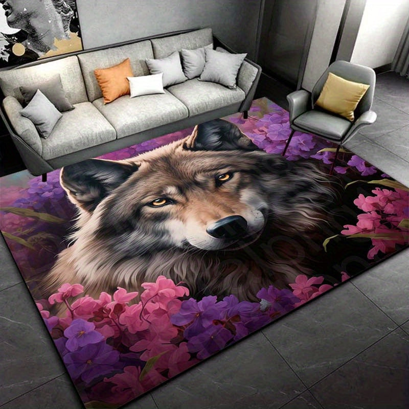 3D Wolf Floral Polyester Area Rug - Non-Slip, High-Density Crystal Velvet, Aesthetic Carpet for Living Room, Bedroom, Dining Room - Psychedelic Wolf Print Home Decor Gift