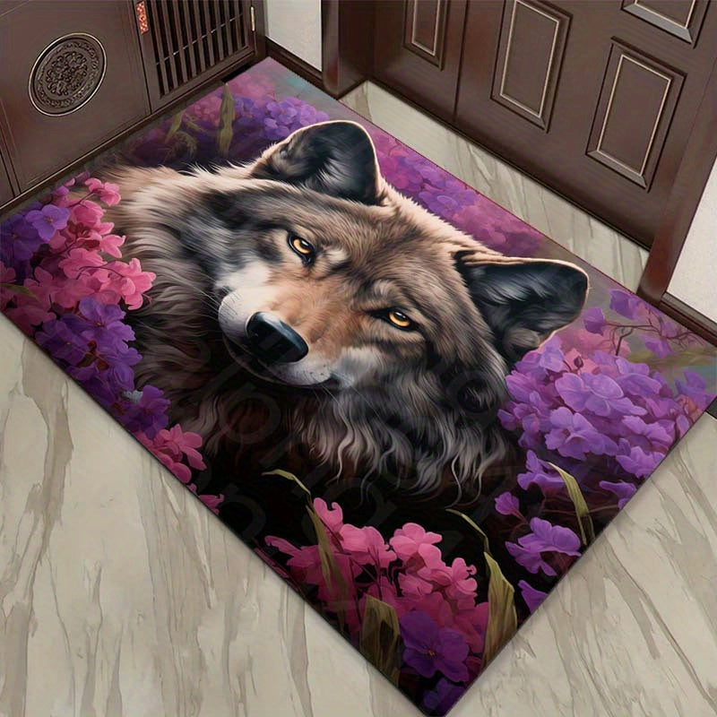 3D Wolf Floral Polyester Area Rug - Non-Slip, High-Density Crystal Velvet, Aesthetic Carpet for Living Room, Bedroom, Dining Room - Psychedelic Wolf Print Home Decor Gift