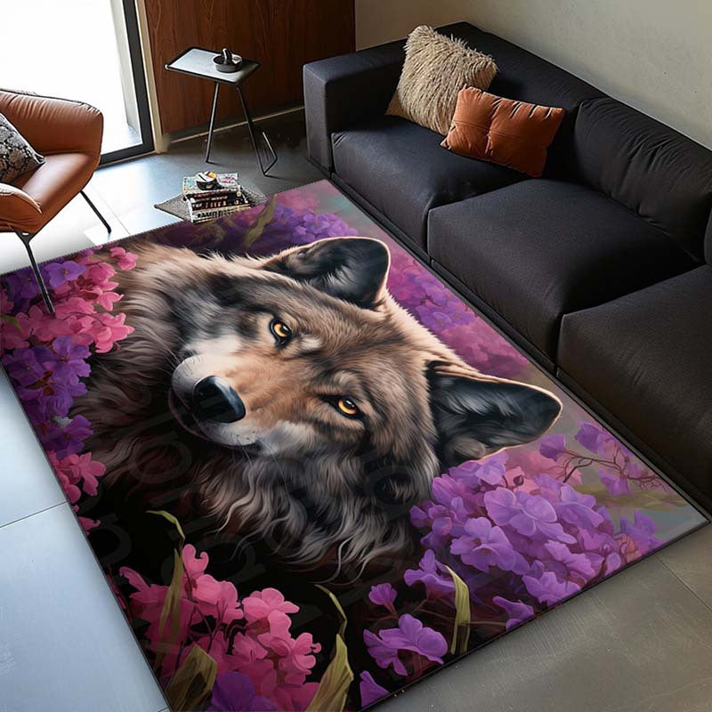 3D Wolf Floral Polyester Area Rug - Non-Slip, High-Density Crystal Velvet, Aesthetic Carpet for Living Room, Bedroom, Dining Room - Psychedelic Wolf Print Home Decor Gift