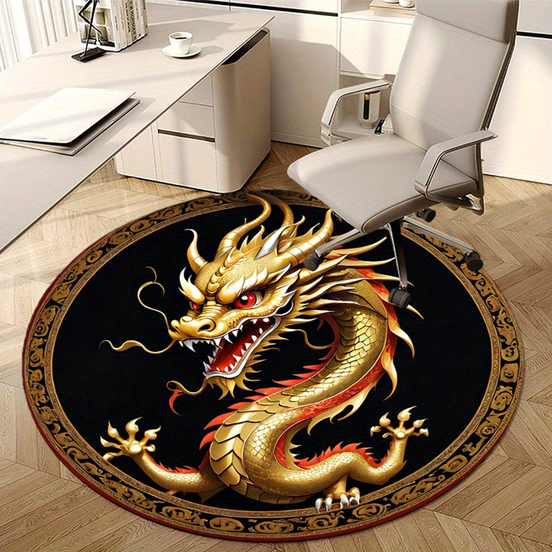 1pc Round Golden Dragon Area Rug, Polyester Non-Slip Chair Mat, Crystal Velvet Carpet, Large Size Over 1.8m, for Office, Living Room, Bedroom Decor