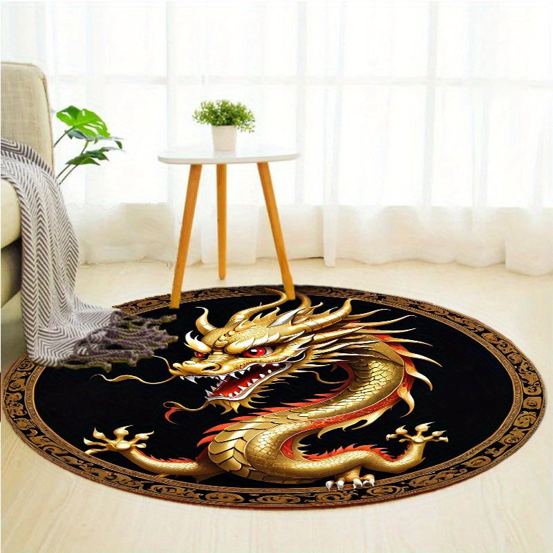 1pc Round Golden Dragon Area Rug, Polyester Non-Slip Chair Mat, Crystal Velvet Carpet, Large Size Over 1.8m, for Office, Living Room, Bedroom Decor