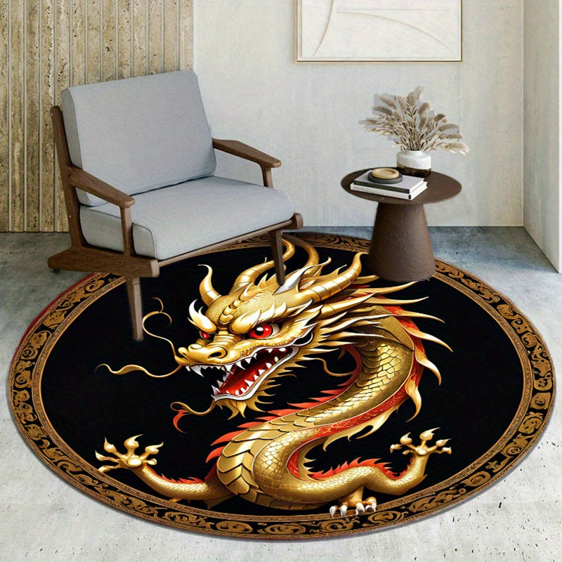 1pc Round Golden Dragon Area Rug, Polyester Non-Slip Chair Mat, Crystal Velvet Carpet, Large Size Over 1.8m, for Office, Living Room, Bedroom Decor