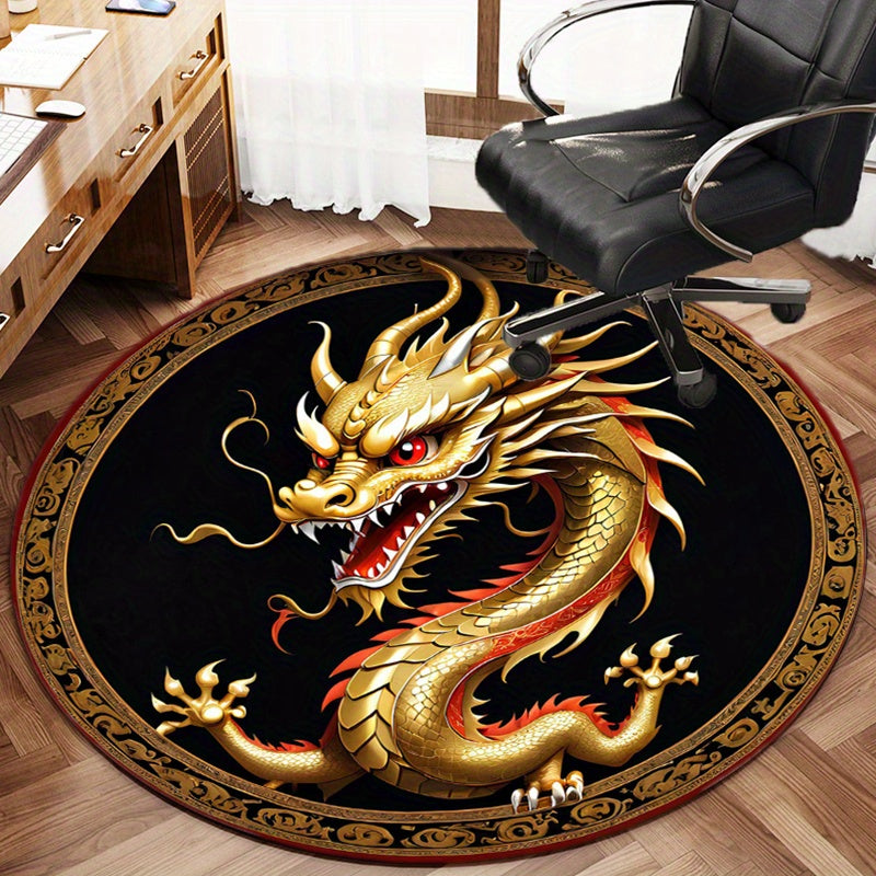 1pc Round Golden Dragon Area Rug, Polyester Non-Slip Chair Mat, Crystal Velvet Carpet, Large Size Over 1.8m, for Office, Living Room, Bedroom Decor