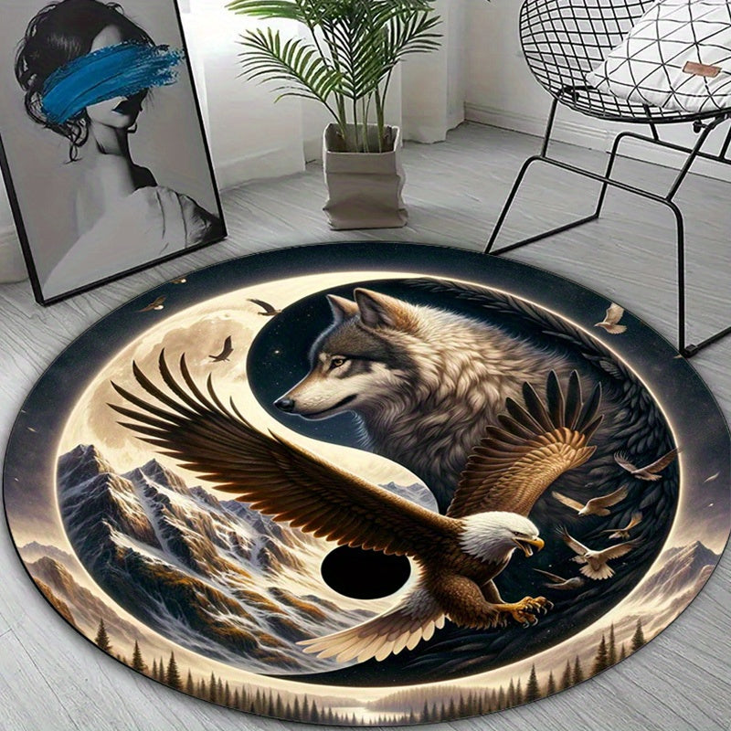 Wolf & Eagle 3D Printed Round Rug - Non-Slip, Soft Crystal Velvet Carpet for Bedroom, Living Room, Balcony - Decorative Home Accent