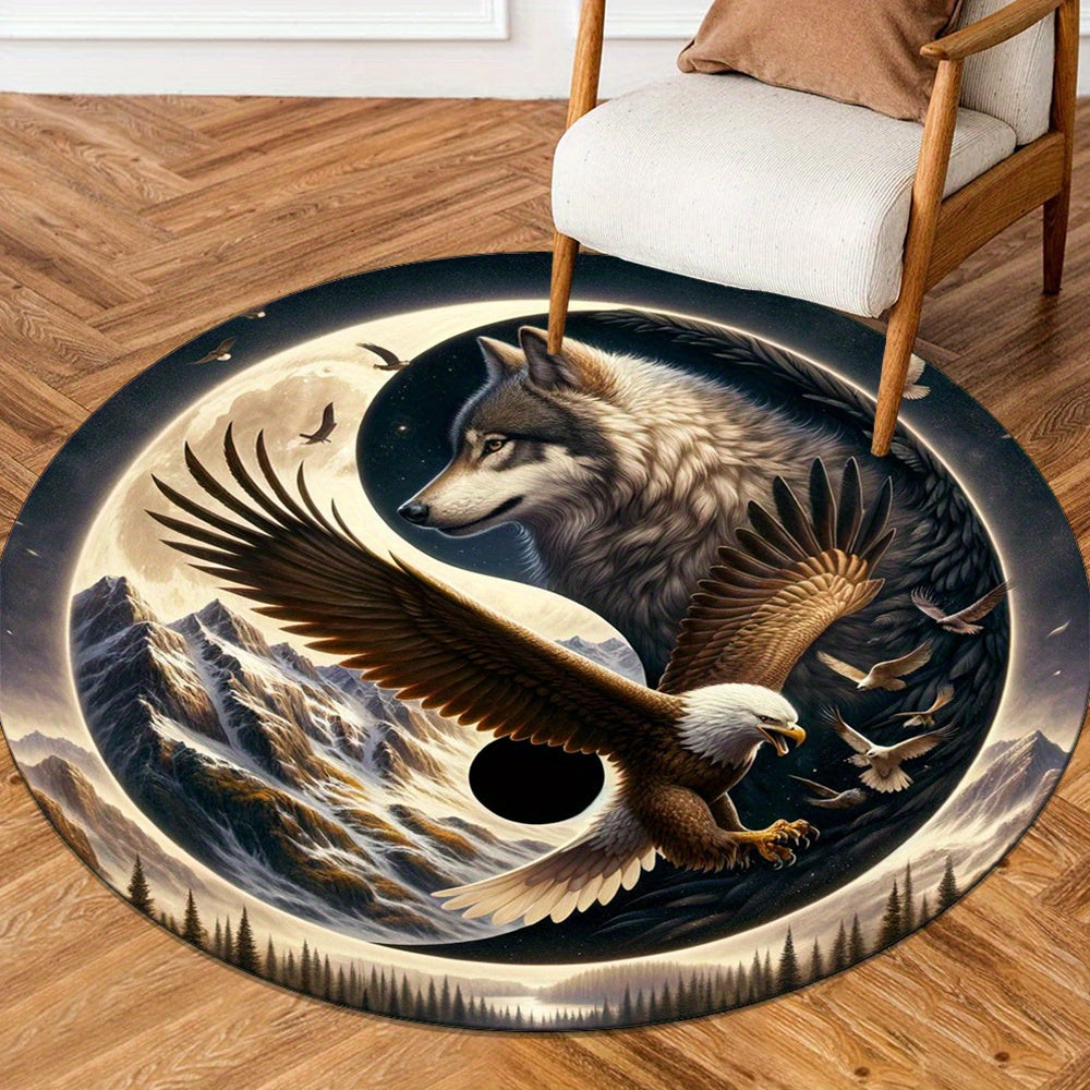 Wolf & Eagle 3D Printed Round Rug - Non-Slip, Soft Crystal Velvet Carpet for Bedroom, Living Room, Balcony - Decorative Home Accent