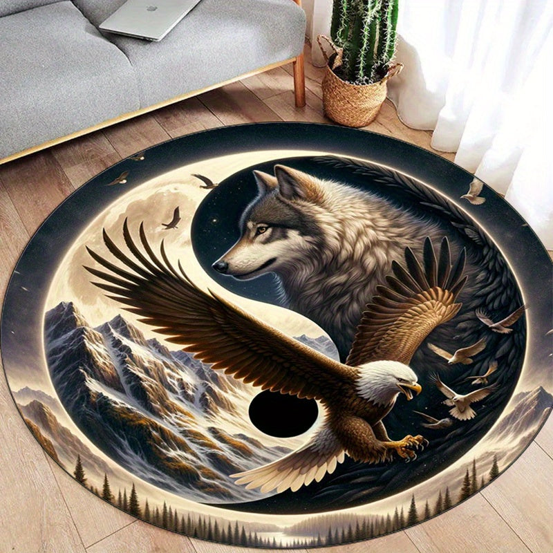 Wolf & Eagle 3D Printed Round Rug - Non-Slip, Soft Crystal Velvet Carpet for Bedroom, Living Room, Balcony - Decorative Home Accent