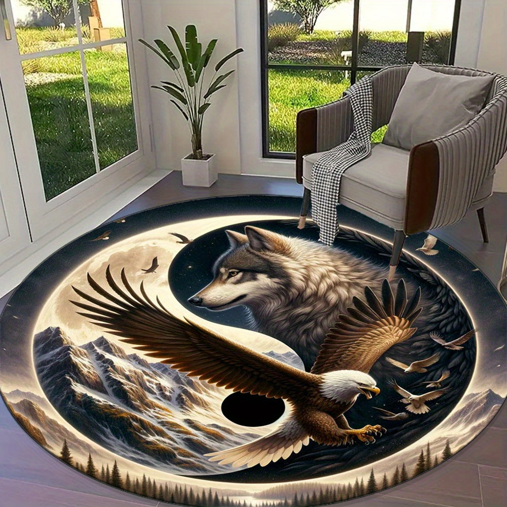 Wolf & Eagle 3D Printed Round Rug - Non-Slip, Soft Crystal Velvet Carpet for Bedroom, Living Room, Balcony - Decorative Home Accent