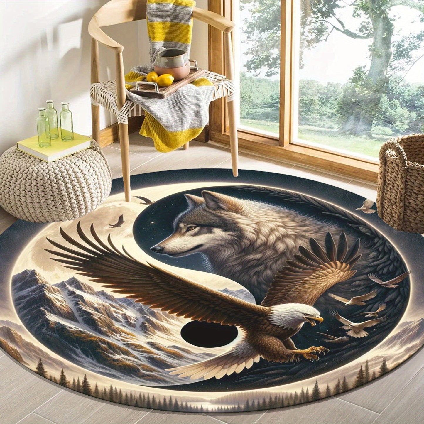 Wolf & Eagle 3D Printed Round Rug - Non-Slip, Soft Crystal Velvet Carpet for Bedroom, Living Room, Balcony - Decorative Home Accent