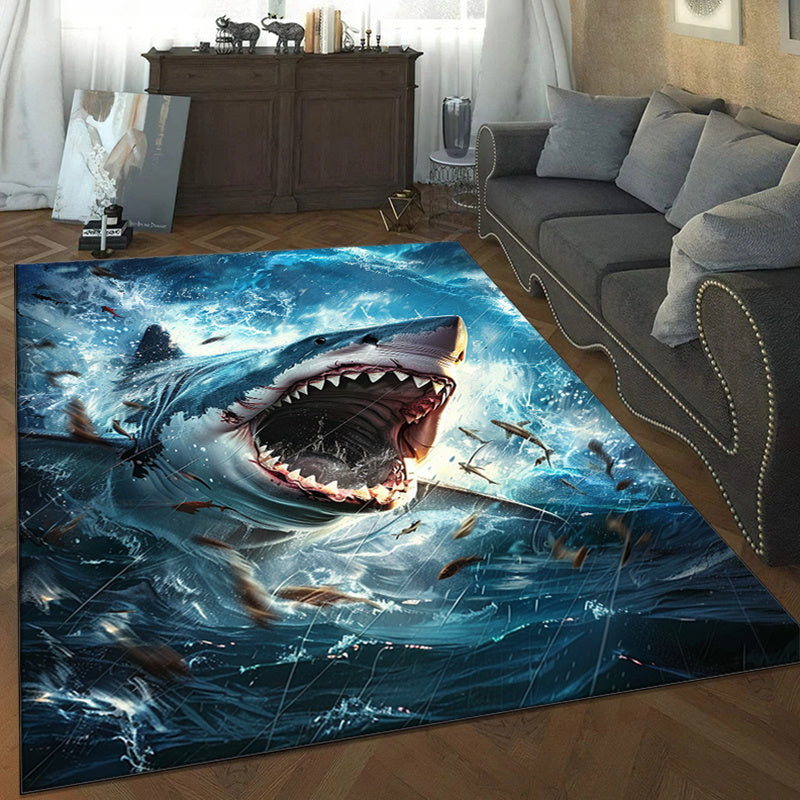 3D Shark Print Area Rug - Non-Slip Polyester Carpet Mat for Living Room, Bedroom, Dining Room - 800g/m2 Crystal Velvet Aesthetic Decorative Rug - Gift for Men and Women