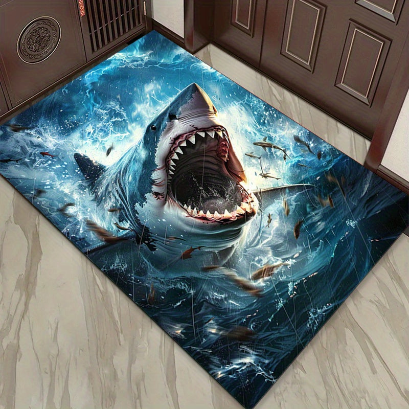 3D Shark Print Area Rug - Non-Slip Polyester Carpet Mat for Living Room, Bedroom, Dining Room - 800g/m2 Crystal Velvet Aesthetic Decorative Rug - Gift for Men and Women