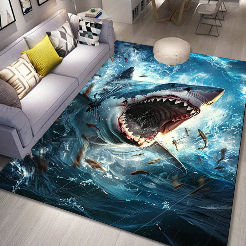 3D Shark Print Area Rug - Non-Slip Polyester Carpet Mat for Living Room, Bedroom, Dining Room - 800g/m2 Crystal Velvet Aesthetic Decorative Rug - Gift for Men and Women