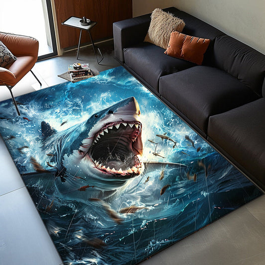 3D Shark Print Area Rug - Non-Slip Polyester Carpet Mat for Living Room, Bedroom, Dining Room - 800g/m2 Crystal Velvet Aesthetic Decorative Rug - Gift for Men and Women