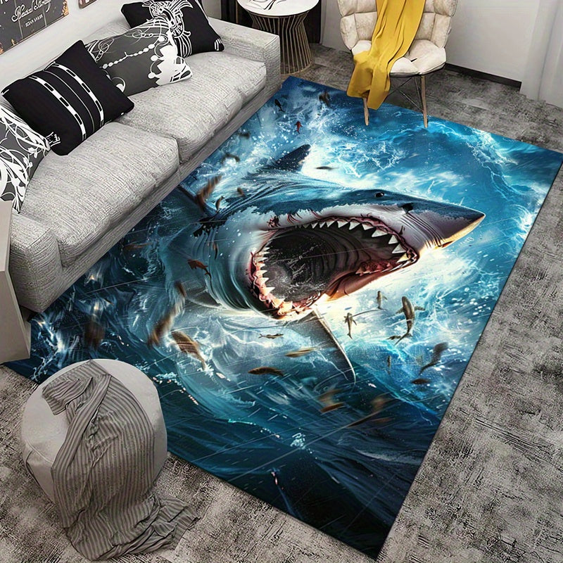 3D Shark Print Area Rug - Non-Slip Polyester Carpet Mat for Living Room, Bedroom, Dining Room - 800g/m2 Crystal Velvet Aesthetic Decorative Rug - Gift for Men and Women