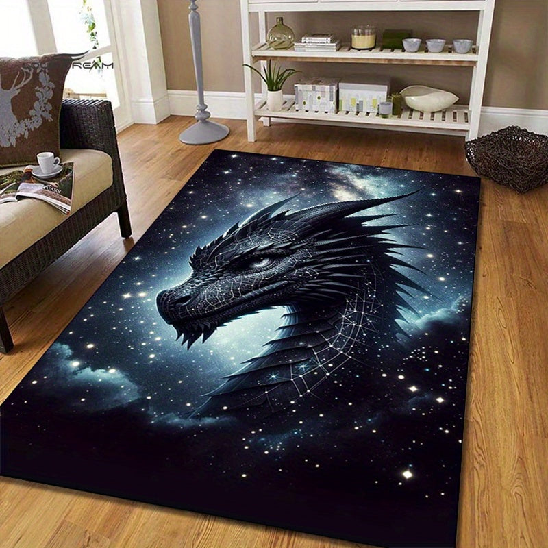 Polyester Dragon Printed Carpet Mat, Non-Slip, Water-Resistant Chair Rug, Aesthetic Living Room, Bedroom, Dining Area Rug, Home Decor Gift for All - 3D Black Dragon Design, Large Size (≥1.8M longest side, ≥2.16m² area)