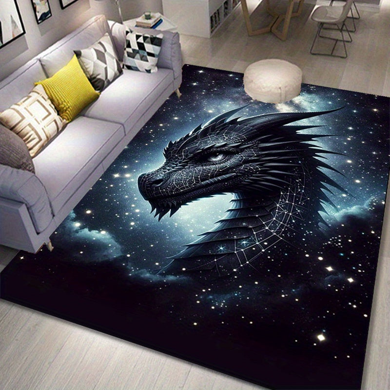 Polyester Dragon Printed Carpet Mat, Non-Slip, Water-Resistant Chair Rug, Aesthetic Living Room, Bedroom, Dining Area Rug, Home Decor Gift for All - 3D Black Dragon Design, Large Size (≥1.8M longest side, ≥2.16m² area)