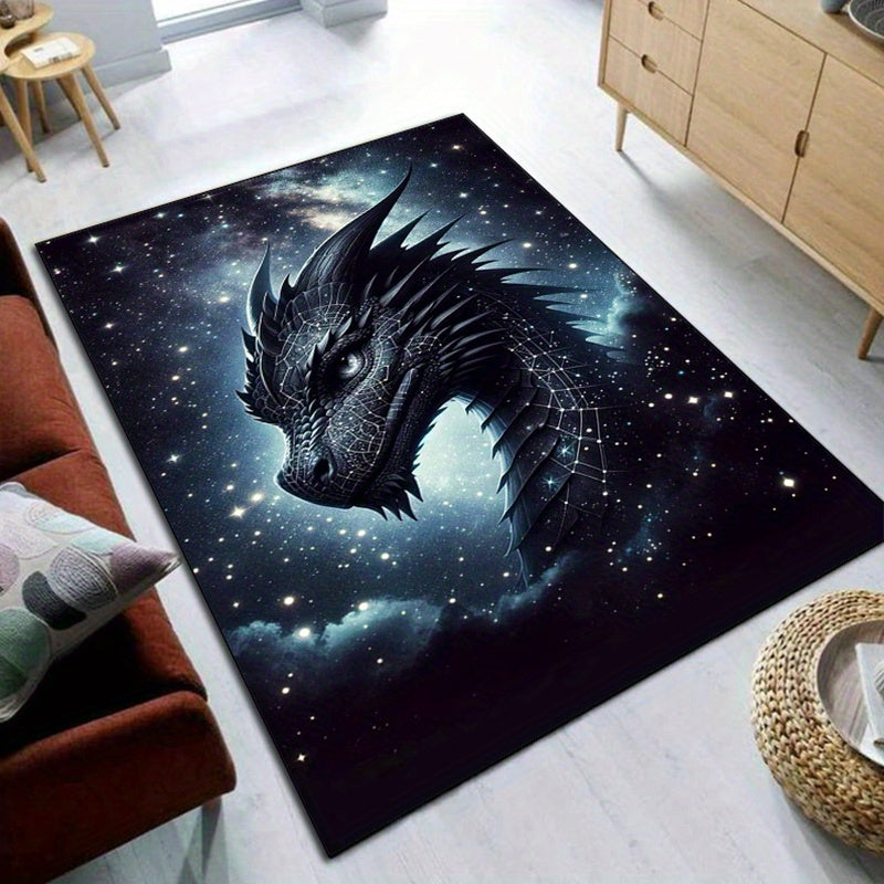 Polyester Dragon Printed Carpet Mat, Non-Slip, Water-Resistant Chair Rug, Aesthetic Living Room, Bedroom, Dining Area Rug, Home Decor Gift for All - 3D Black Dragon Design, Large Size (≥1.8M longest side, ≥2.16m² area)