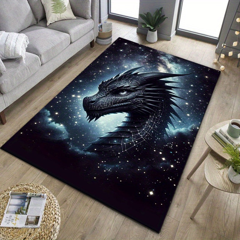 Polyester Dragon Printed Carpet Mat, Non-Slip, Water-Resistant Chair Rug, Aesthetic Living Room, Bedroom, Dining Area Rug, Home Decor Gift for All - 3D Black Dragon Design, Large Size (≥1.8M longest side, ≥2.16m² area)