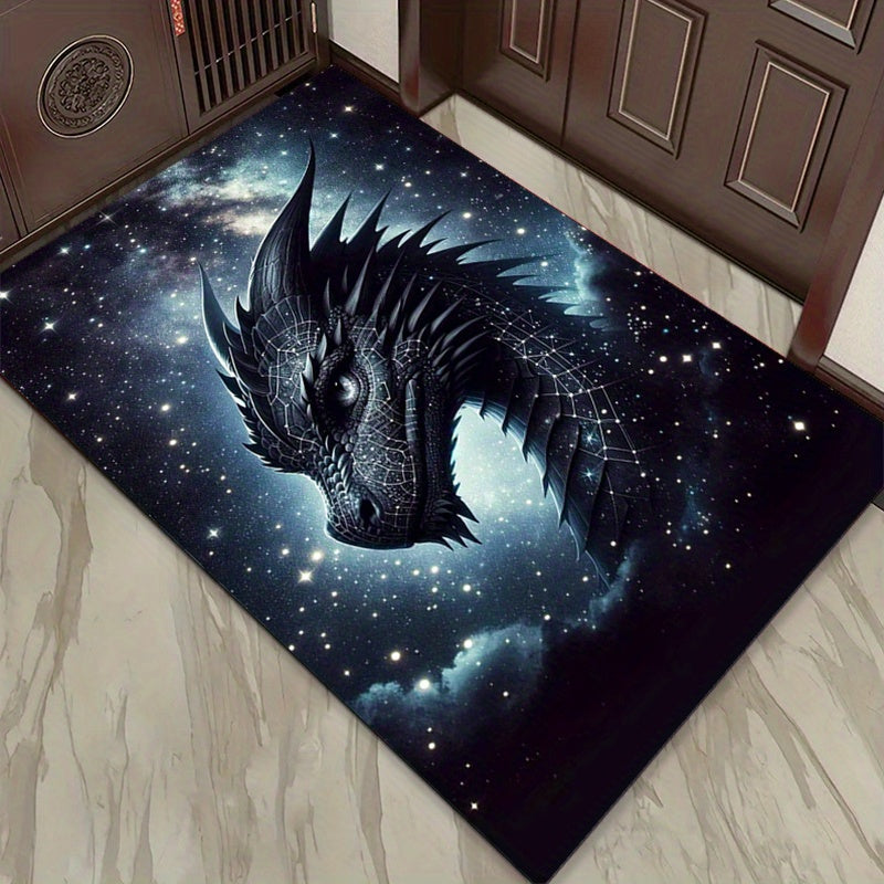 Polyester Dragon Printed Carpet Mat, Non-Slip, Water-Resistant Chair Rug, Aesthetic Living Room, Bedroom, Dining Area Rug, Home Decor Gift for All - 3D Black Dragon Design, Large Size (≥1.8M longest side, ≥2.16m² area)