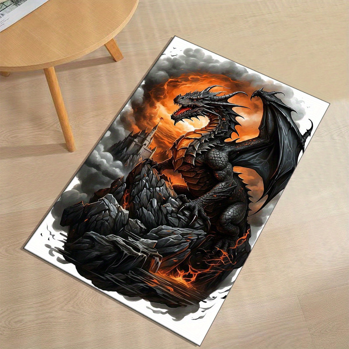 Luxurious Crystal Velvet Black Dragon Print Floor Rug - 800g/m2, Vivid Fire-Breathing Dragon Design, Perfect for Living Room, Bedroom, Kitchen, and Bathroom Decor