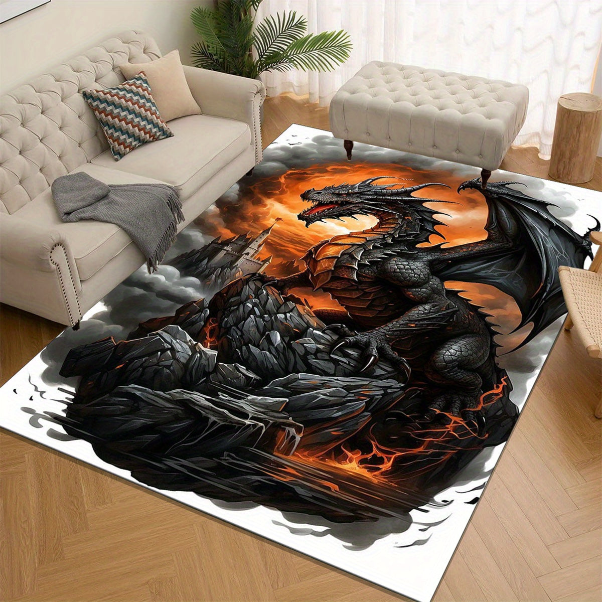 Luxurious Crystal Velvet Black Dragon Print Floor Rug - 800g/m2, Vivid Fire-Breathing Dragon Design, Perfect for Living Room, Bedroom, Kitchen, and Bathroom Decor