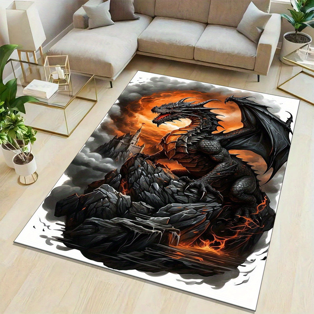 Luxurious Crystal Velvet Black Dragon Print Floor Rug - 800g/m2, Vivid Fire-Breathing Dragon Design, Perfect for Living Room, Bedroom, Kitchen, and Bathroom Decor