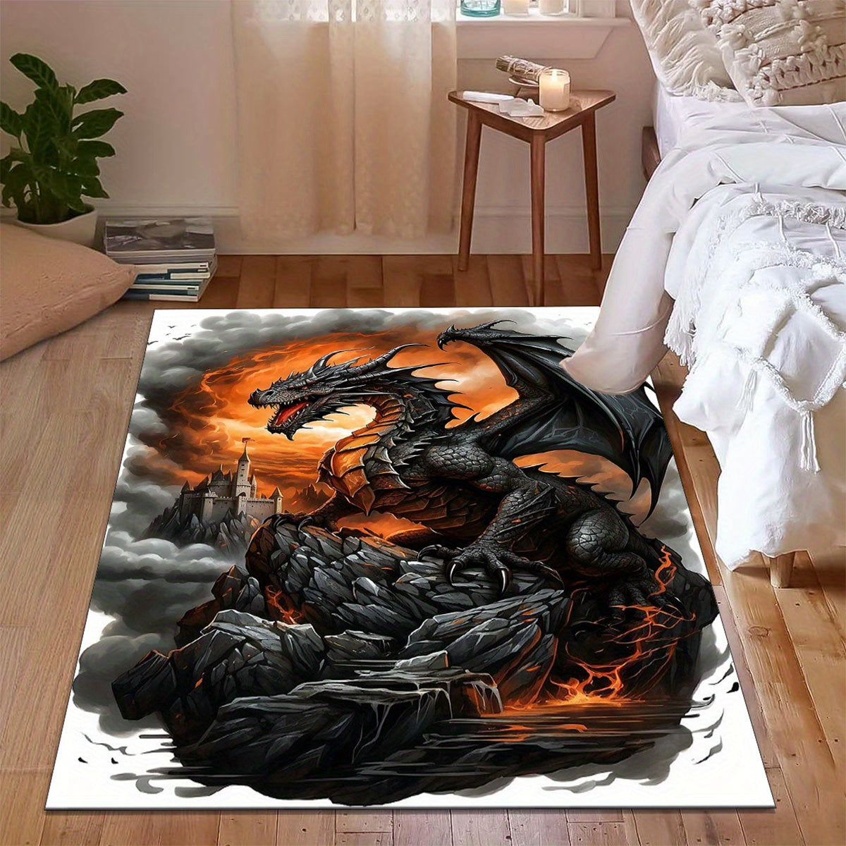 Luxurious Crystal Velvet Black Dragon Print Floor Rug - 800g/m2, Vivid Fire-Breathing Dragon Design, Perfect for Living Room, Bedroom, Kitchen, and Bathroom Decor