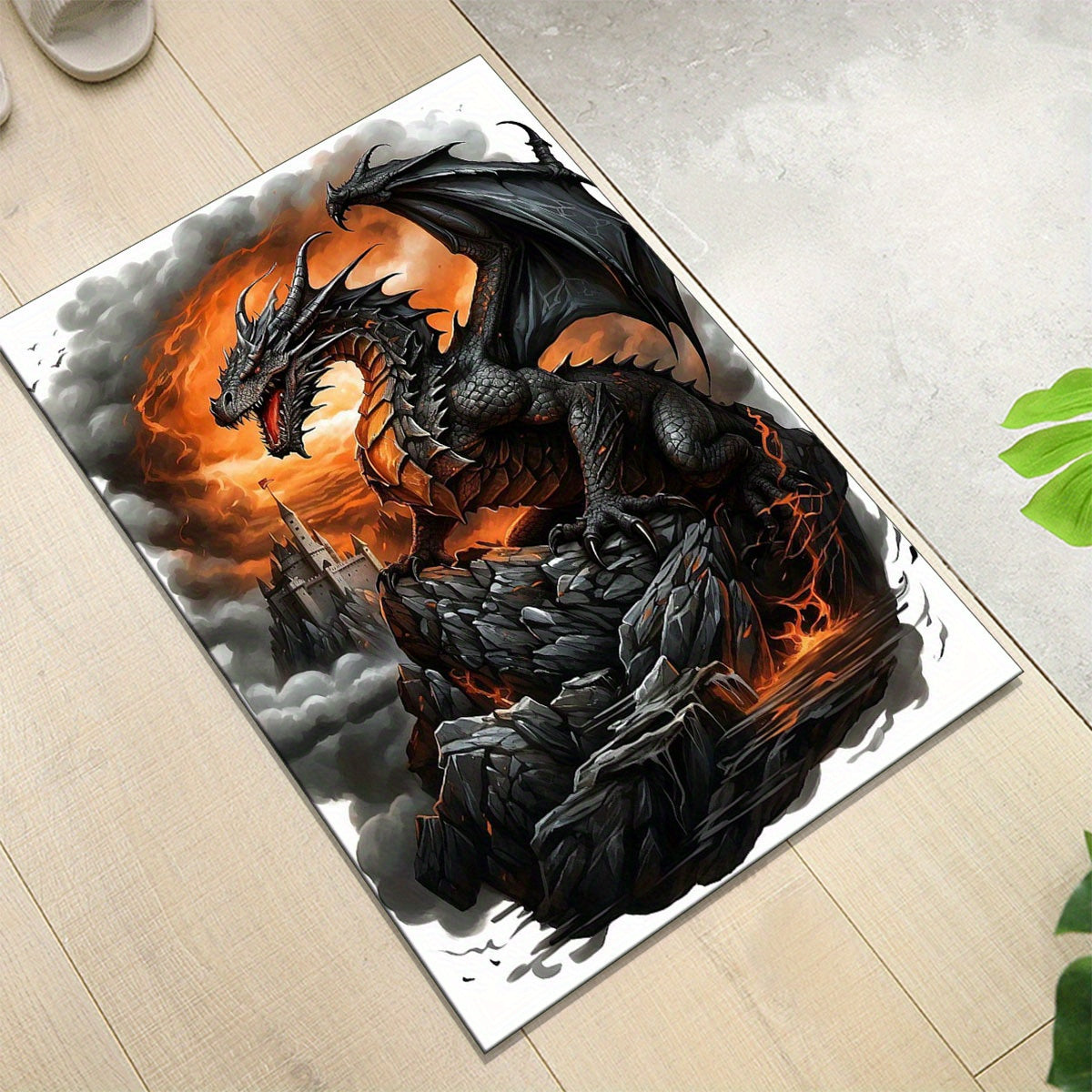 Luxurious Crystal Velvet Black Dragon Print Floor Rug - 800g/m2, Vivid Fire-Breathing Dragon Design, Perfect for Living Room, Bedroom, Kitchen, and Bathroom Decor