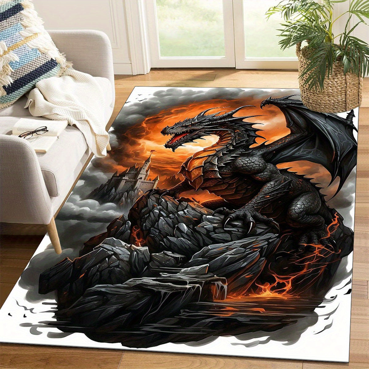 Luxurious Crystal Velvet Black Dragon Print Floor Rug - 800g/m2, Vivid Fire-Breathing Dragon Design, Perfect for Living Room, Bedroom, Kitchen, and Bathroom Decor