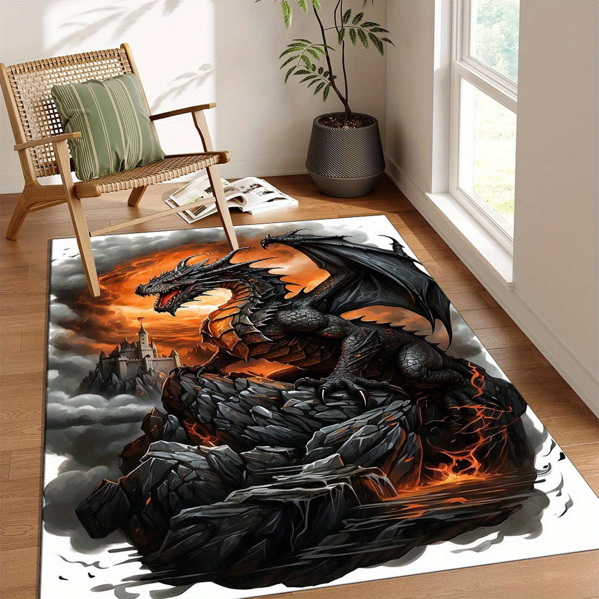 Luxurious Crystal Velvet Black Dragon Print Floor Rug - 800g/m2, Vivid Fire-Breathing Dragon Design, Perfect for Living Room, Bedroom, Kitchen, and Bathroom Decor