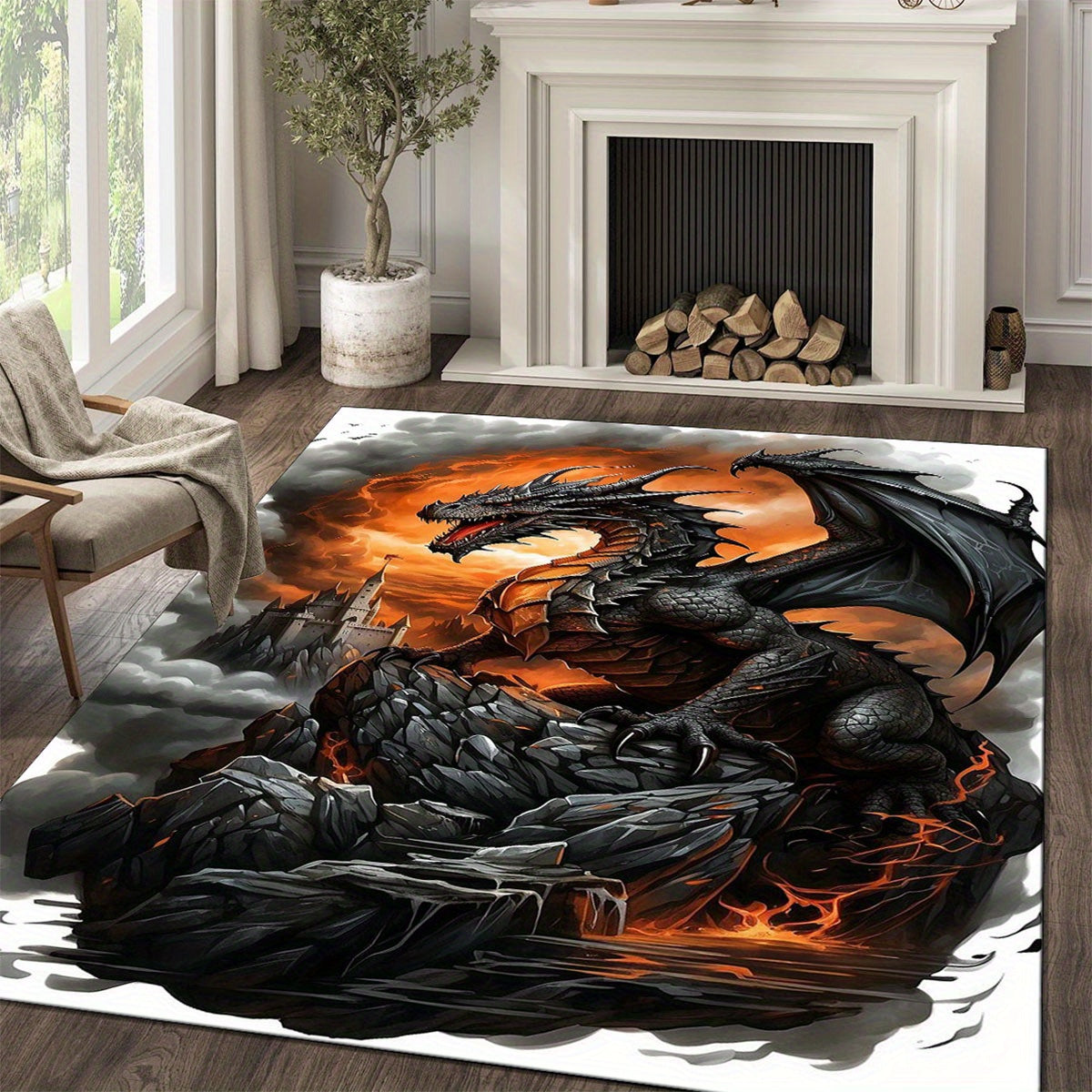 Luxurious Crystal Velvet Black Dragon Print Floor Rug - 800g/m2, Vivid Fire-Breathing Dragon Design, Perfect for Living Room, Bedroom, Kitchen, and Bathroom Decor