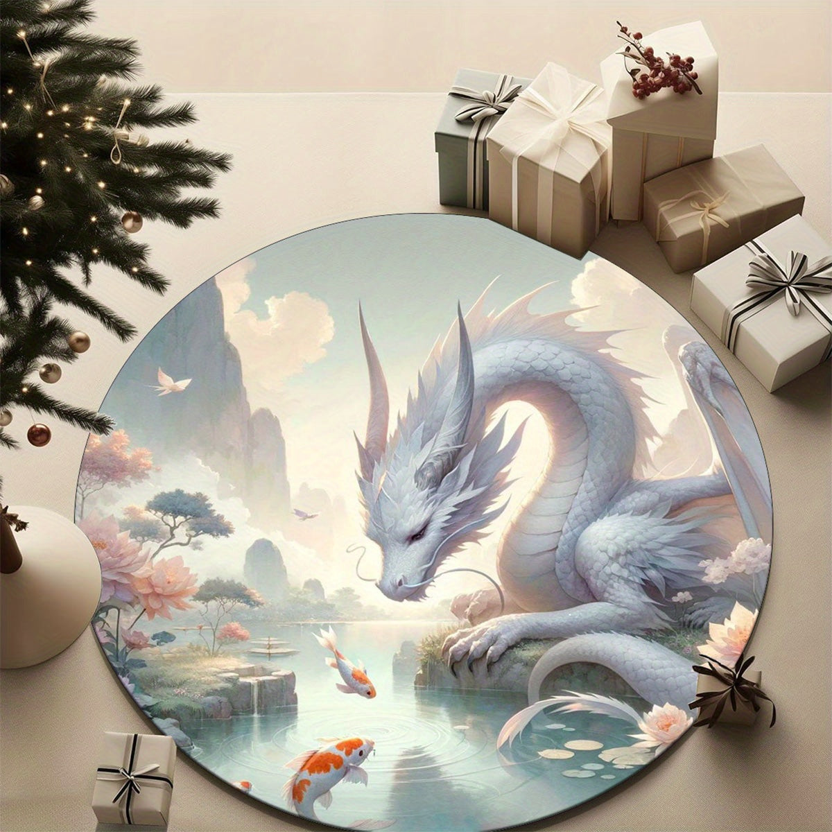 Soft Crystal Velvet White Dragon Round Rug - Perfect for Living Room, Bedroom, and Home Decor - Ideal Gift for Hotels & Offices