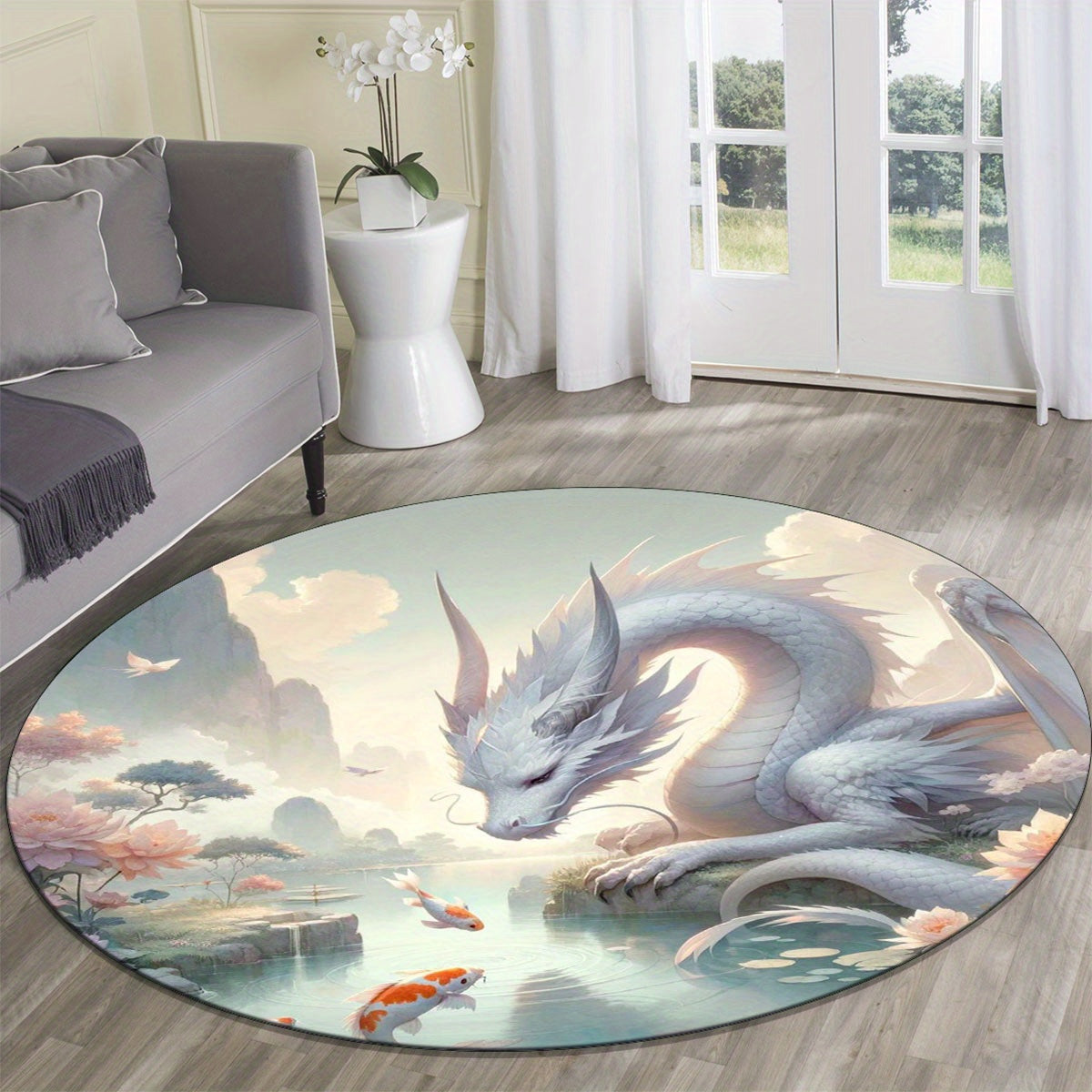 Soft Crystal Velvet White Dragon Round Rug - Perfect for Living Room, Bedroom, and Home Decor - Ideal Gift for Hotels & Offices