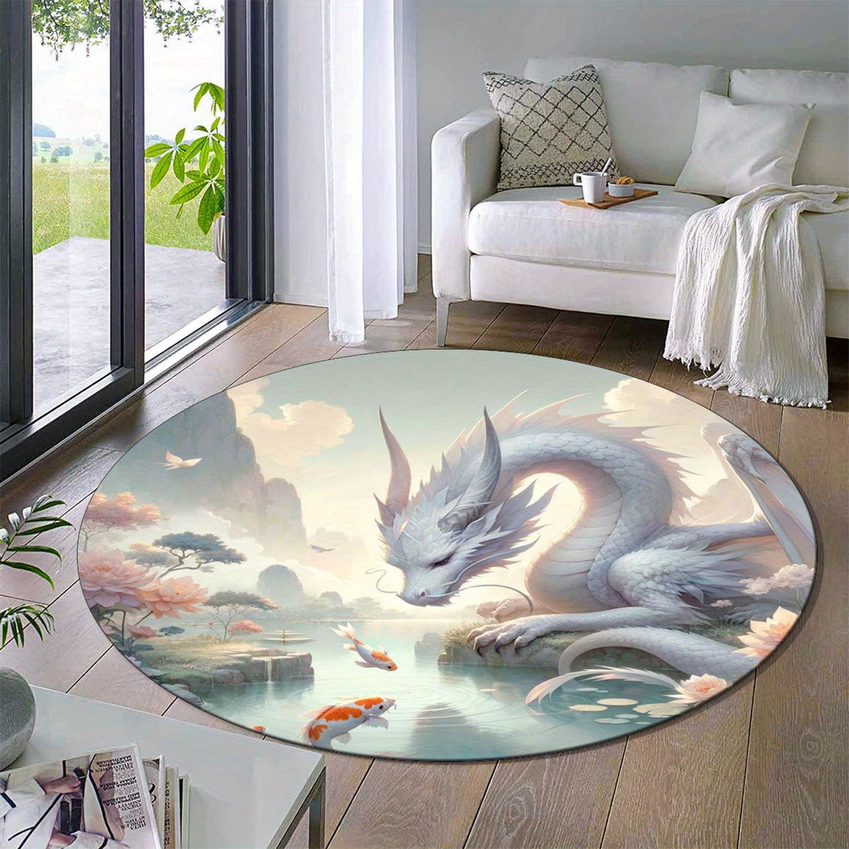 Soft Crystal Velvet White Dragon Round Rug - Perfect for Living Room, Bedroom, and Home Decor - Ideal Gift for Hotels & Offices