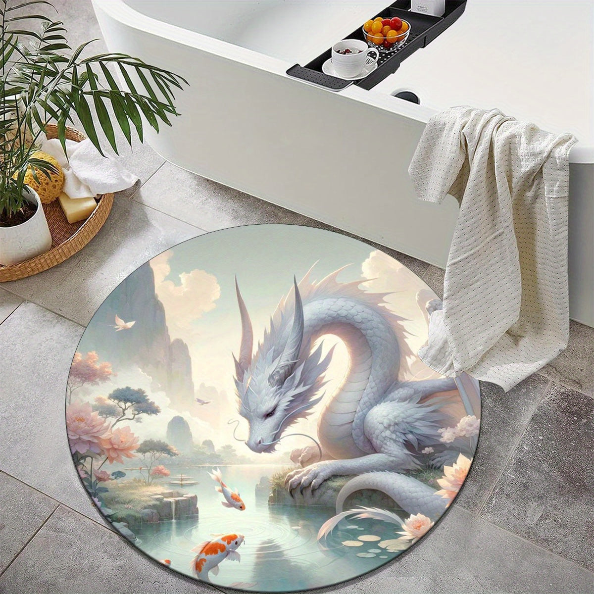 Soft Crystal Velvet White Dragon Round Rug - Perfect for Living Room, Bedroom, and Home Decor - Ideal Gift for Hotels & Offices